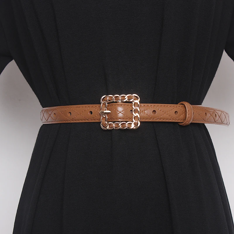 

Korean Style Square Buckle Belt Women Cow Leather Plaid Waist Belt Female Fashion Jean Pant Dress Belt Genuine Leather Belts New