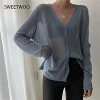 cardigan women korean long sleeve cardigan summer cropped cardigan knitted v neck thin ice silk sweaters sunscreen shirt tops