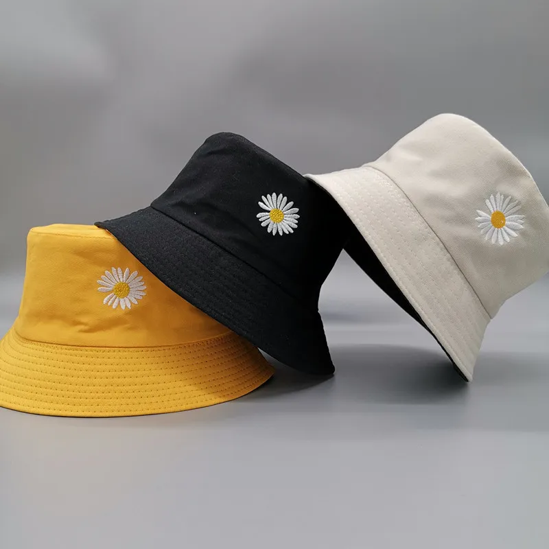

Double-side Unisex Harajuku Bucket Hat Fishing Outdoor Cap women Bucket fishing Hats Sunscreen Daisy embroidery fisherman hat
