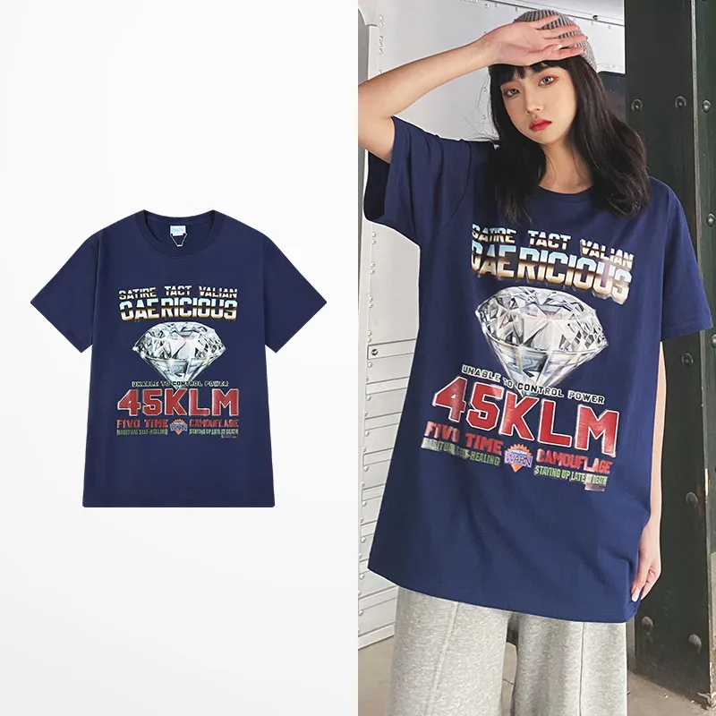 

Funny 45KLM Diamond Print Hip Hop T Shirt Summer High Street Wear T-shirts Men Harajuku Casual Lovers Couple Blue Tee Shirt
