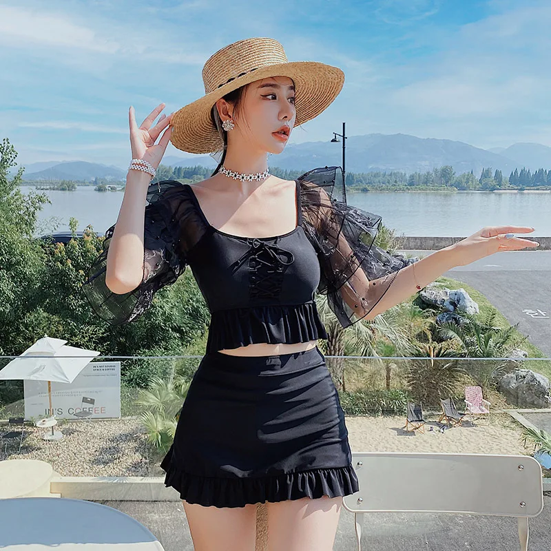 

Korean Style Bandage Bikini Set Women Biquini Suit Two Pieces Swimwear Solid Swimsuit Sexy Gauze Fold Beach Suit