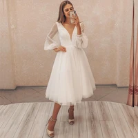 short wedding dress 2021 long puff sleeve simple elegant v neck knee length robe de mariee custom made civil beach cheap