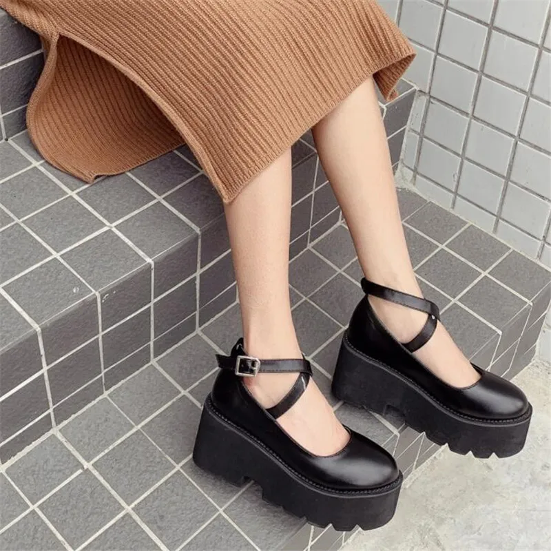 

New Fashion Casual College Shoes Girls Leather Platform High Heels Ankle Strap Women's High Heels New Spring 2021