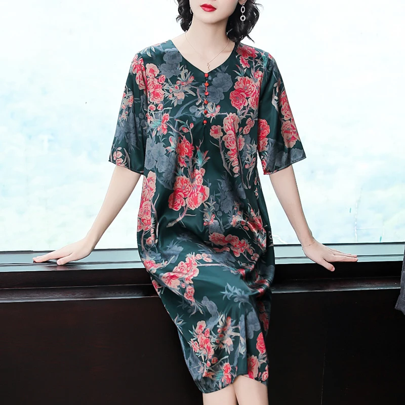 Новинка 2020 Летнее шелковое платье женское повседневное Цветочное большого