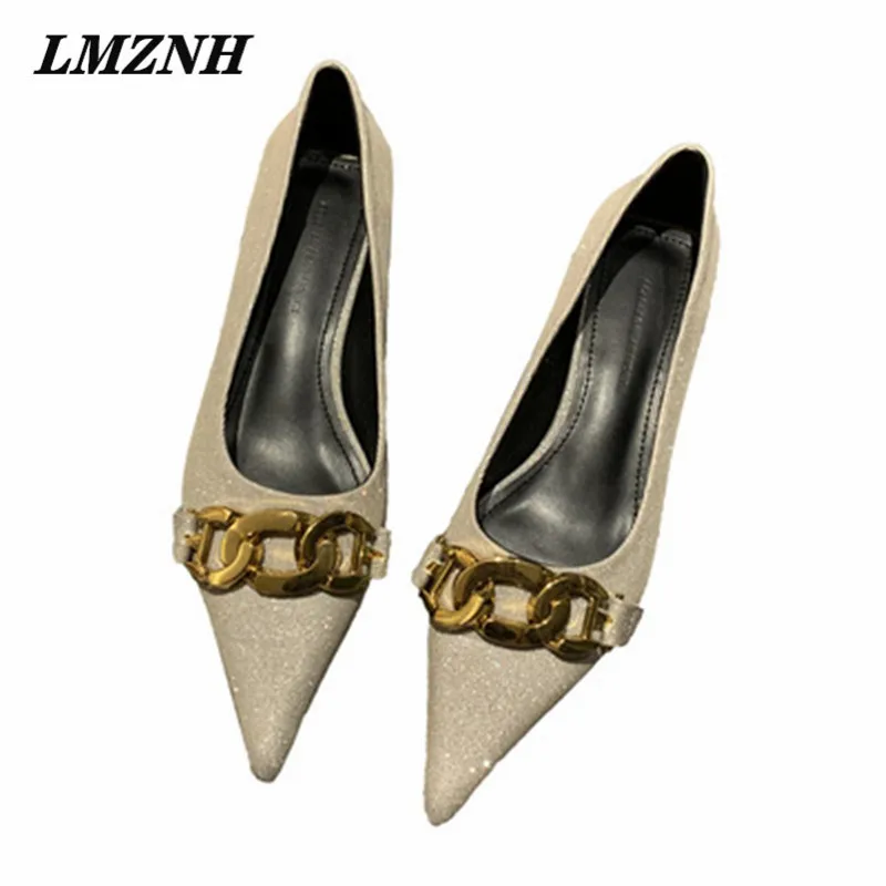 

LMZNH Summer New Women High Heels Loafers Gold Chain Pointed Toe BlingBling Slip-On Women Shoes Fashion 2021 Wedding Brand Shoes