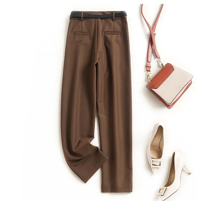 High Quality Elegant Fashion Women Spring 2021 New Solid Straight Ankle Length Pants Office Lady Casual Trousers with Belt