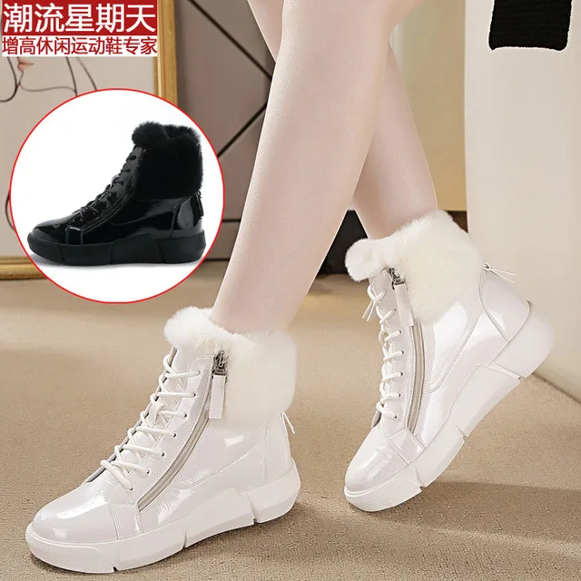 Модные Повседневные зимние теплые женские ботинки кожаные туфли без каблуков