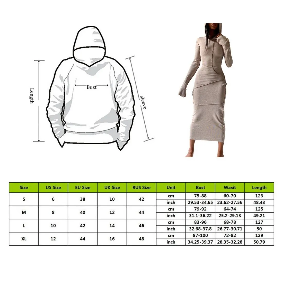 

2021 Long Sleeve Hooded Patchwork Skinny Maxi Dress Autumn Winter Women Fashion Streetwear Casual Outfits