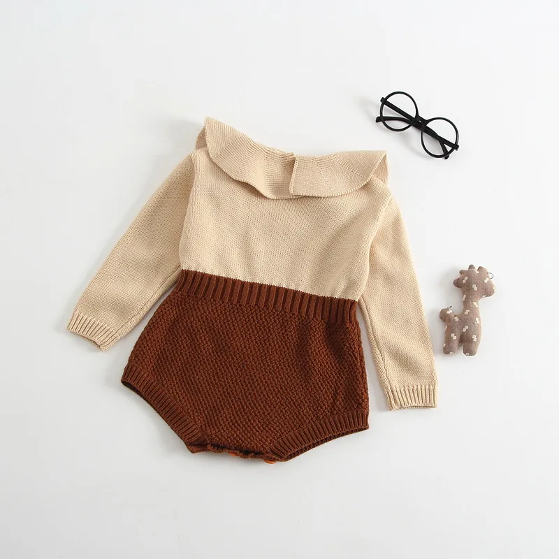 

Spring and Autumn Baby Girls Doll Collar Knitted Sweet Wool Jumpsuit Body Romper
