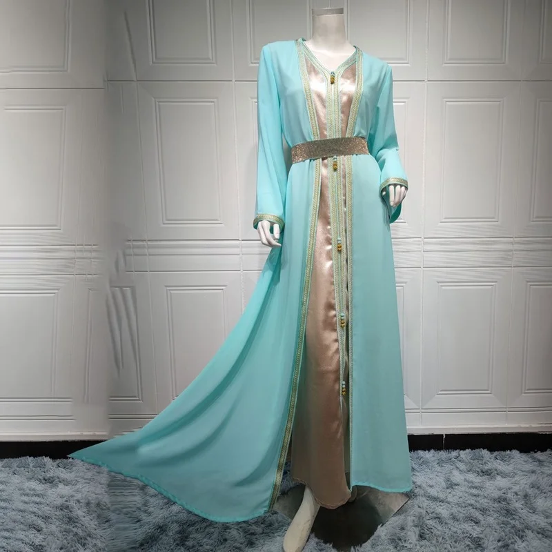 Turkey Malaysia Dubai Luxury Abayas Women 2 Piece Set Long Sleeve Open Abaya And Vest Dress Suit 2021 Autumn Winter Clothing