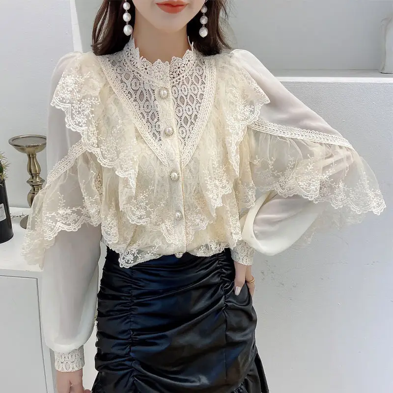 Womens Tops Blouses 2021 Blouse Button Solid Stand Collar Ladies Lace Shirts Blusas Feminine Sweet Elegant Ruffles Fashion New