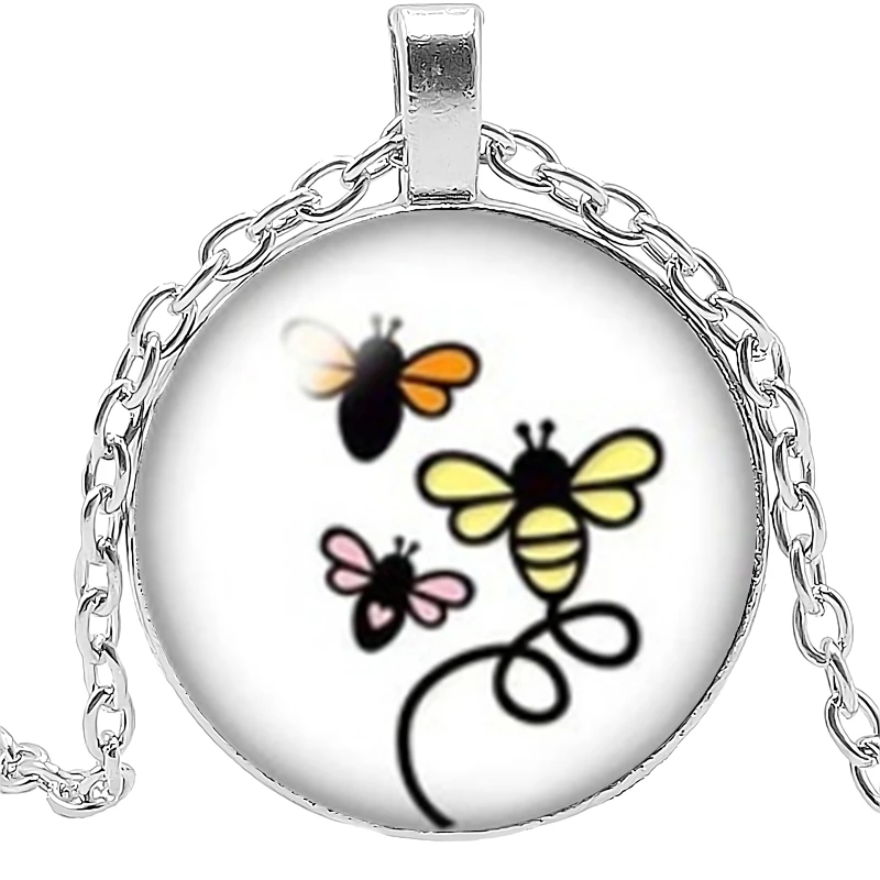 

2019 New Hot Art Charm Personality Bee Pendant Round Photo Glass Cabochon Necklace Gift Sweater Chain
