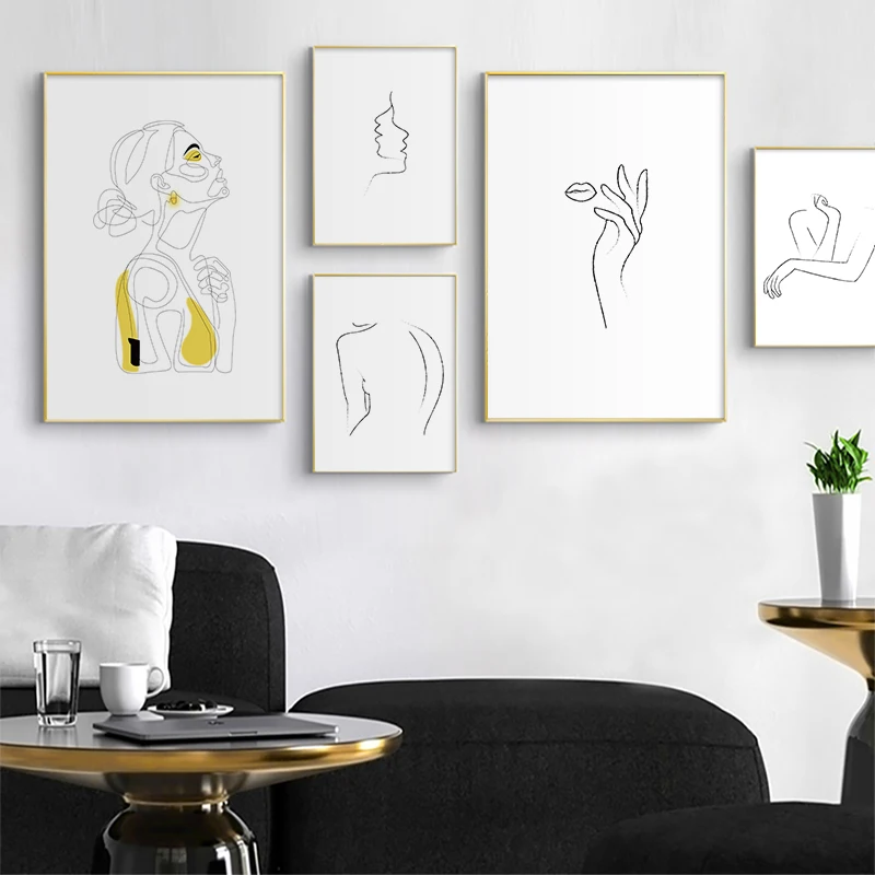 

Abstract Woman Line Drawing Nordic Posters & Prints Modern Canvas Painting Wall Art Yellow Girl Wall Picture Bedroom Home Decor