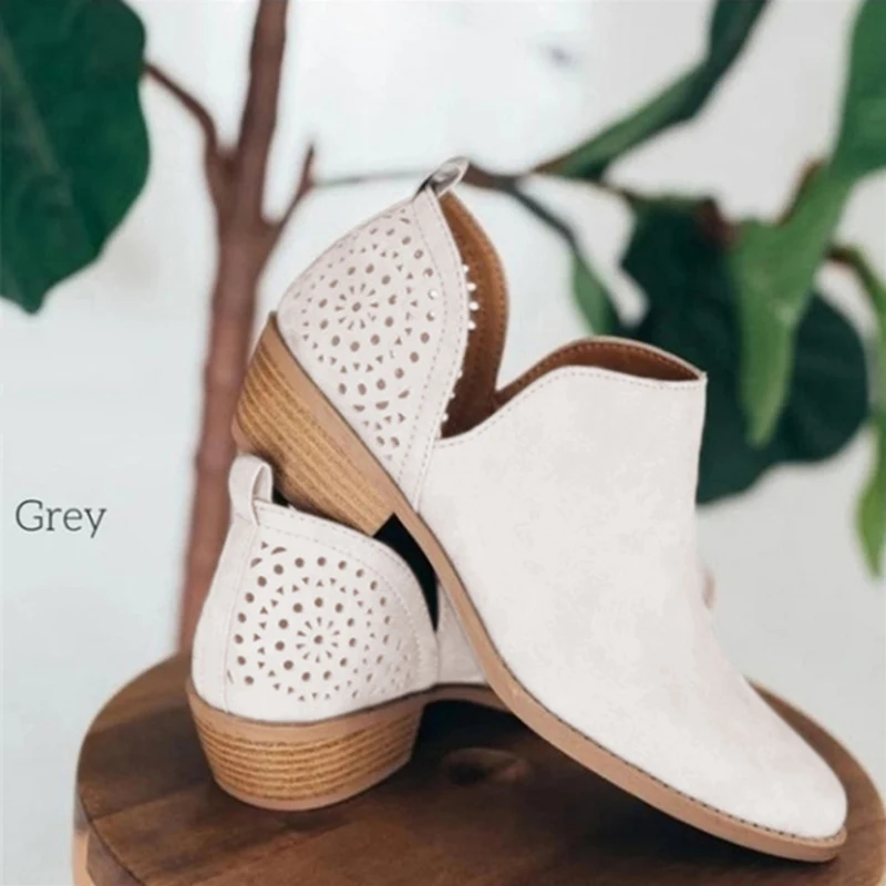 

Women's Boots Short Perforated Cutout Chunky Block Stacked Heels Shoes Ankle Booties Female Ladies Autumn Shoes Plus Size