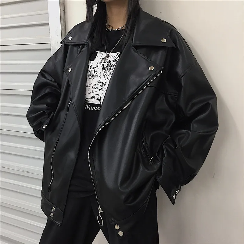 

Vintage Black Faux Pu Leather Jacket Women Casual Notched Collar Long Sleeve Biker Jacket Spring Autumn 2023 Casacos Feminino