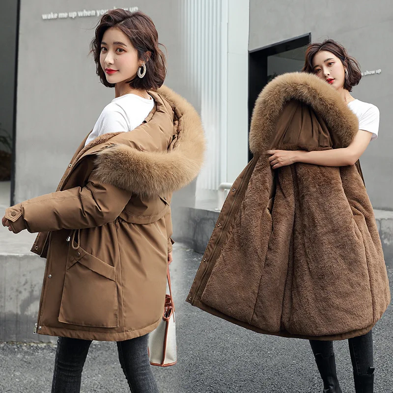 

2021 Winter Down Cotton Padded Woman Jacket Thickened Hooded Large Wool Collar Medium and Long Korean Clothes Women