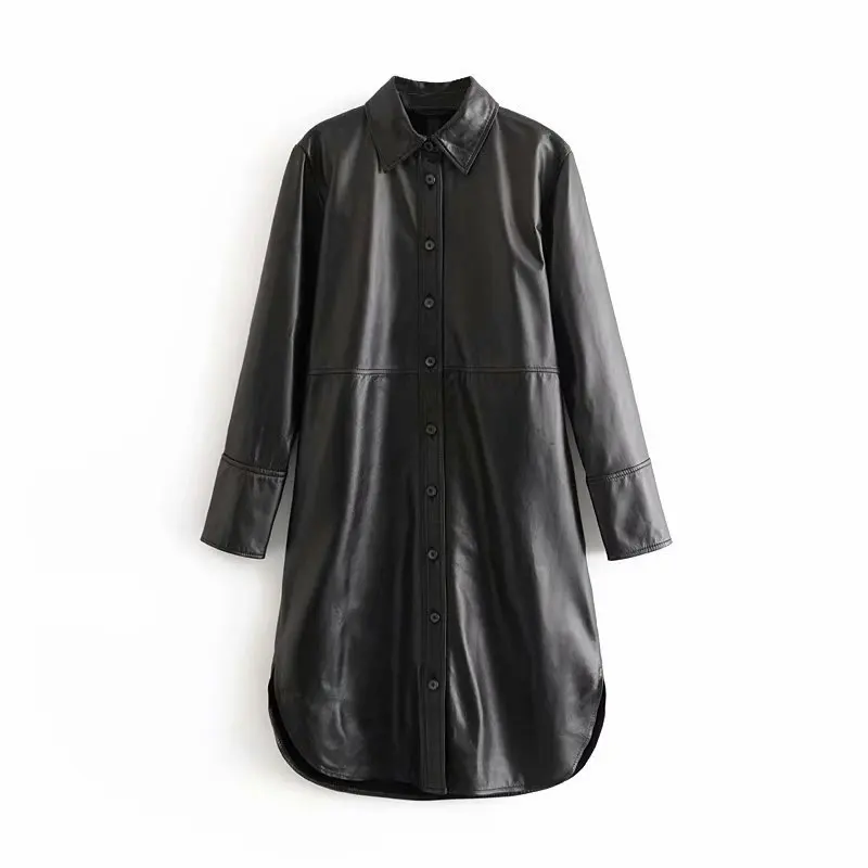 Женская черная длинная блузка из ПУ кожи свободные стильные рубашки с длинным