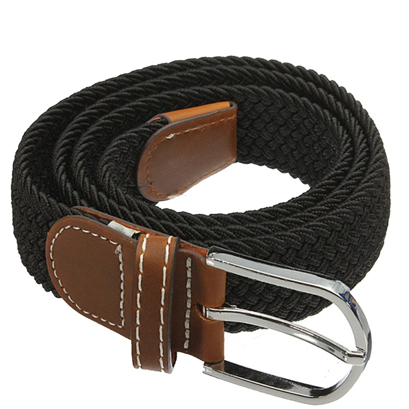 

Unisex Men Women Stretch Braided Elastic Leather Buckle Belt Waistband black