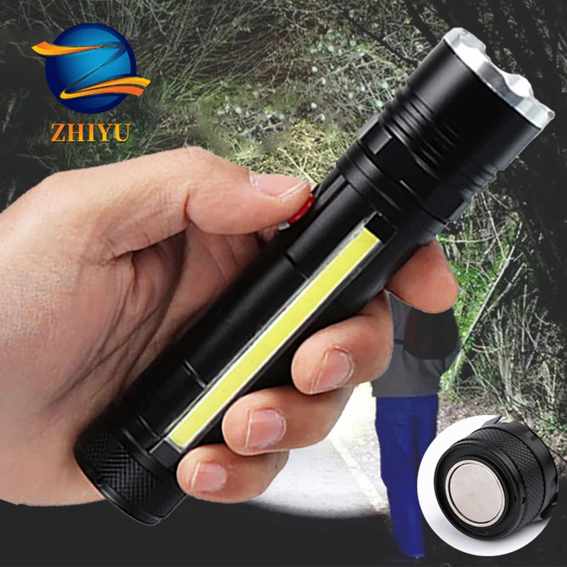 Фонарик ZHIYU высокой мощности заряжаемый от USB с зажимом для ручки T6 COB дома