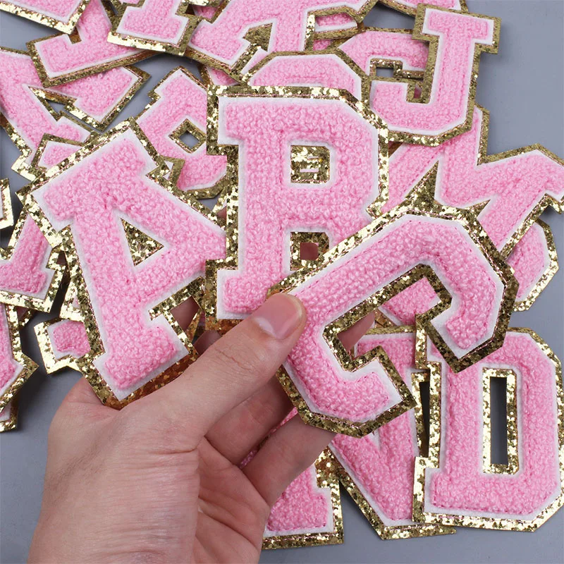 Pink Letters Alphabet Sequins Towel Embroidered Chenille Patches For DIY Clothing Bags Jacket Iron On Accessories Applique