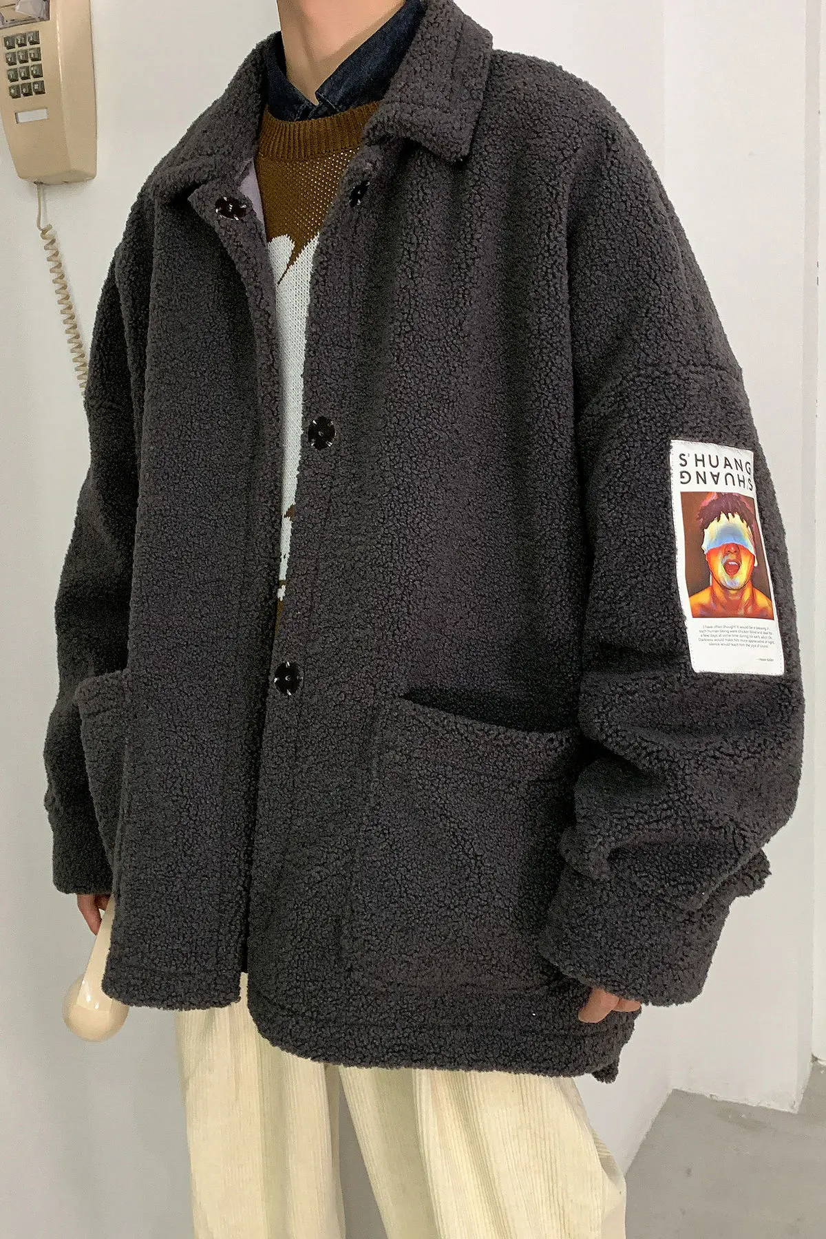 Winter Men's Patch Printed Parkas Thickened Lamb Fur Coats Casual Cotton-padded Clothes Waterproof In Warm Snow Jackets M-2XL