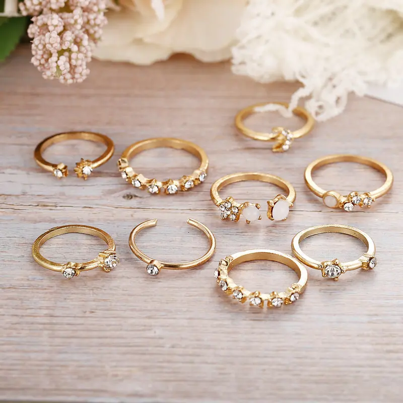 

8 Pieces/Set Of Bohemian Geometric Open Ring Set, Crystal Diamond Star Moon, Adjustable For Female Jewelry Accessories Gifts