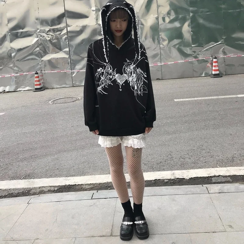 Y2k Harajuku Sweatshirts Gothic Grunge Mechanical Rabbit Ears Hooded Black Hoodie Women Autumn Punk Hoodies Fashion Streetwear | Женская