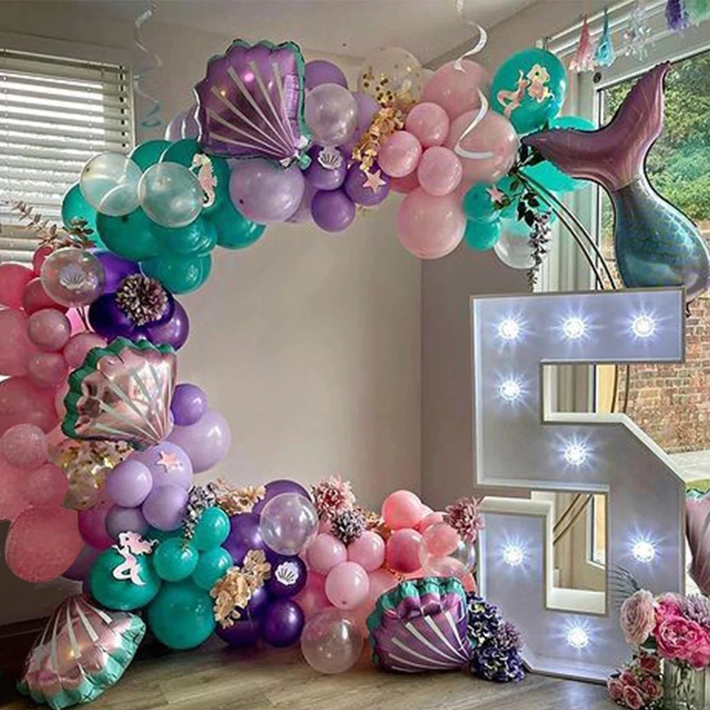 Guirnalda de Globos de fiesta de sirena, Kit de arco de concha rosa p&uacute;rpura, cola de sirena, Globos de helio, decoraci&oacute;n de fiesta de cumplea&ntilde;os, 97 Uds.-0