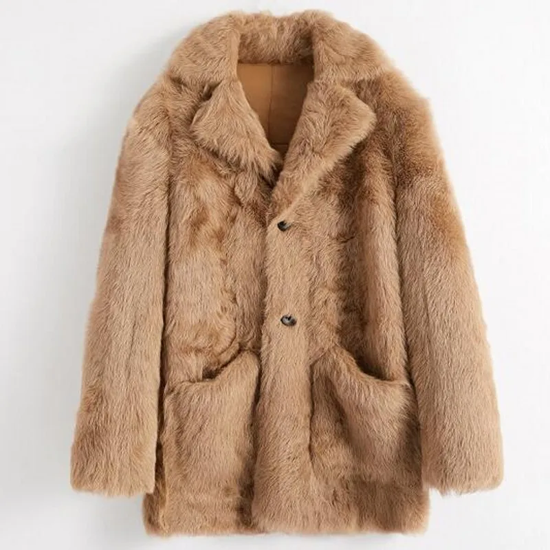 

Top Quality Winter Fashion Mens Sheepskin Shearling Outwear Coats Single Breasted Medium Length Real Fur Male Straight Top Coats