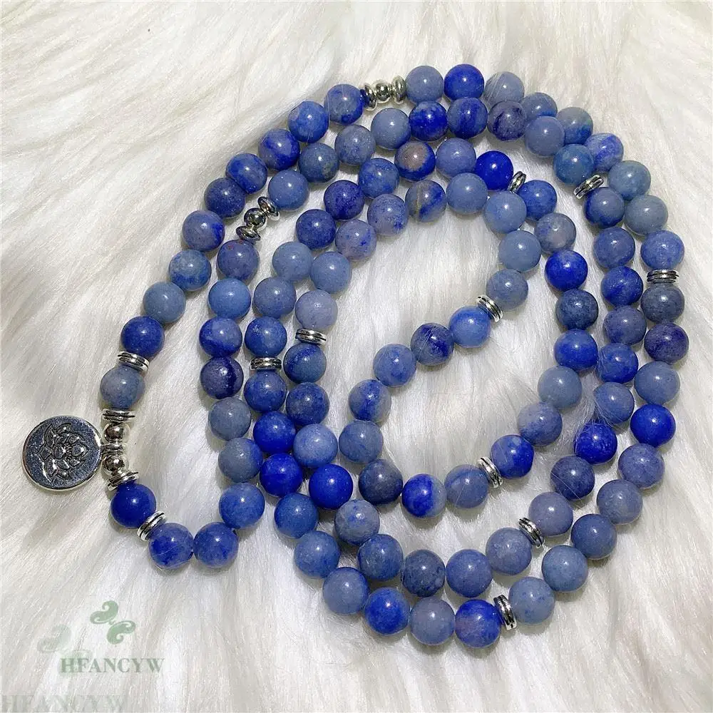 

8mm Sapphire 108 Bead Lotus Pendant Mala Bracelet Chakra Healing Elegant Meditation Buddhism Wrist Chic Wristband Cuff Yoga