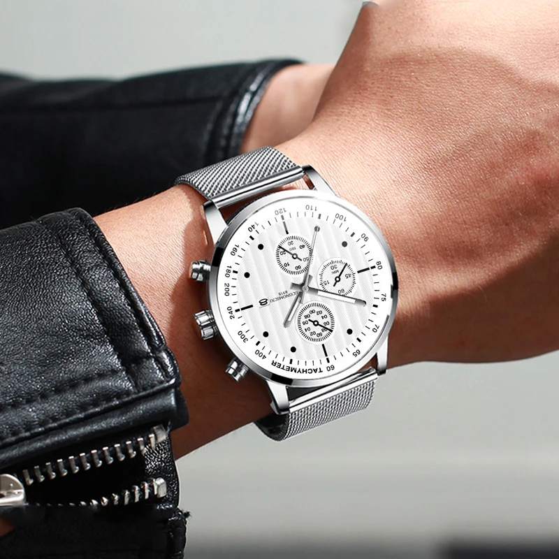 

Ultra Thin Men Watch Retro Three Eye Business Casual Belt Quartz Mesh Strap WriststWatch Date Clocks Gift Relogio Masculino