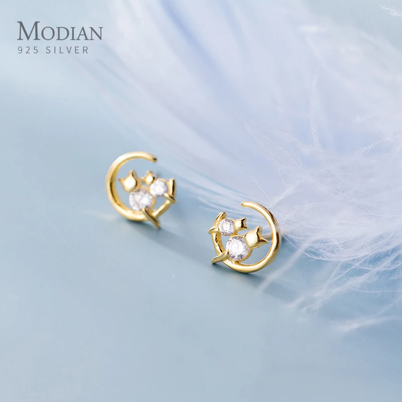 

Modian Fashion Animal Ear Pin for Women Lovely Mother and Son Cat Crescent Sterling Silver 925 Stud Earring Fine Jewelry Gift