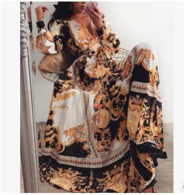 Женское платье с цветочным принтом V образным вырезом и длинным рукавом|Женские