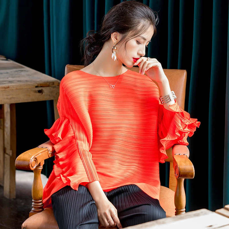 LANMREM 2021 Новая Осенняя Однотонная футболка с круглым воротником и рукавами