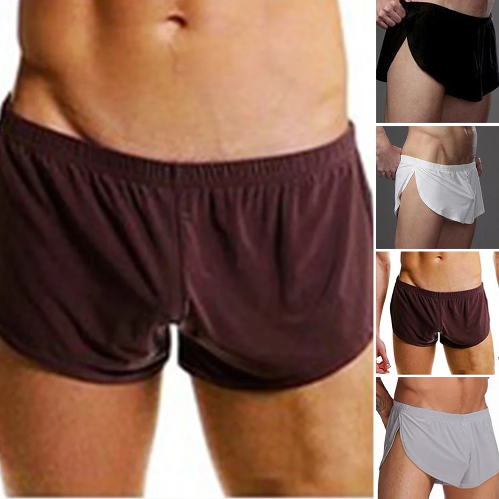 

Loose Lounge Pajama Men Side Split Sleep Bottoms Men's Sexy Underwear Shorts Crotch Boxers Casual Homewear Silk Sleepwear A50