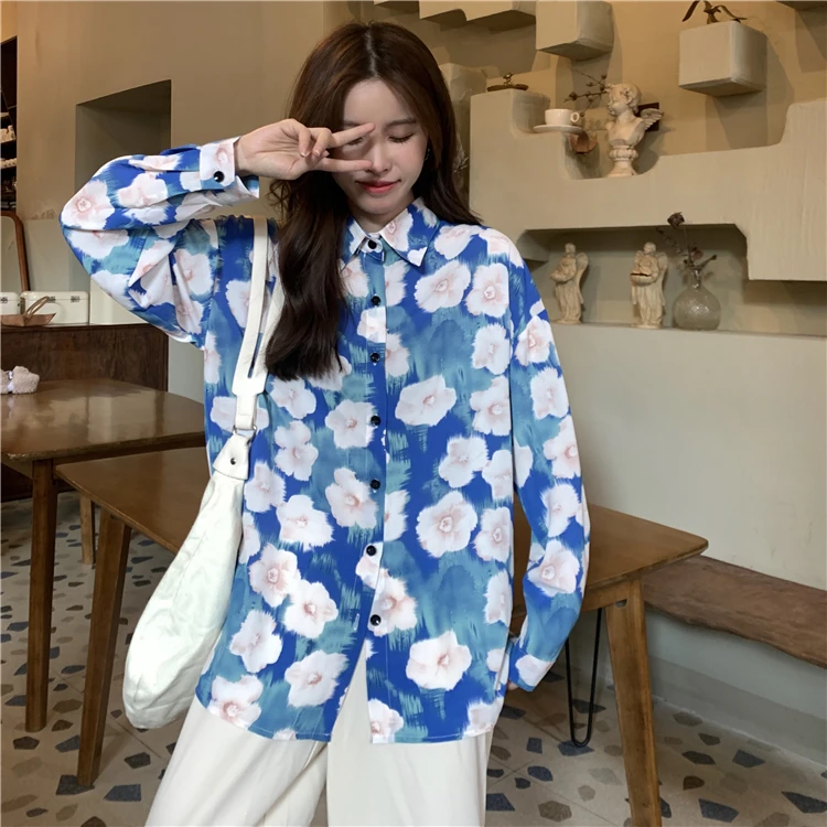 

Korean style loose lazy wind design new autumn long-sleeved blue flower shirt for women