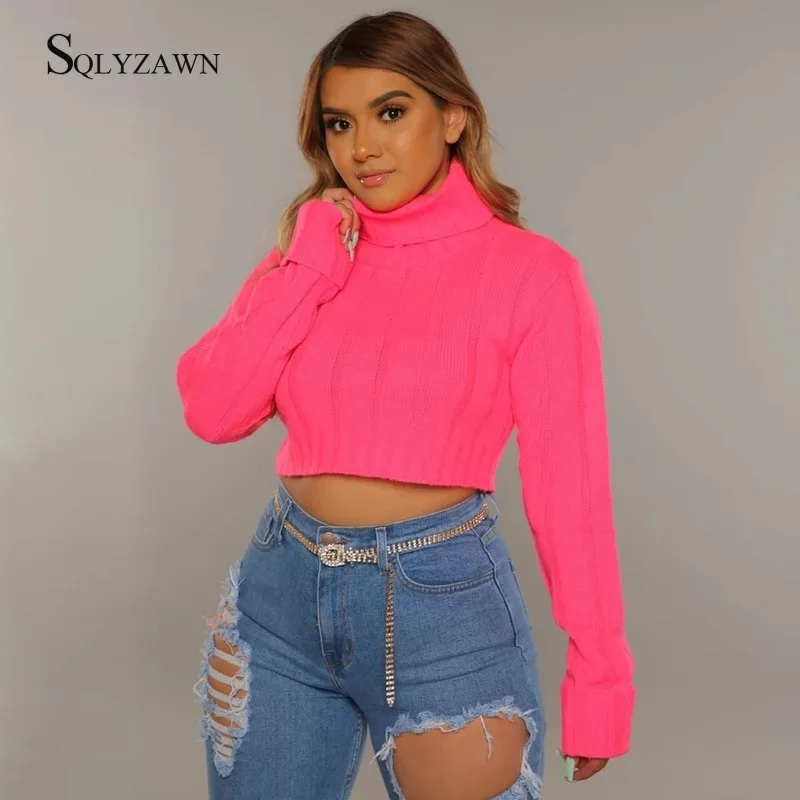 Women Turtleneck Neon Pink Orange Long Sleeve Sweater Crop Top Fall Winter Sexy Streetwear Knitted Pullover Kawaii Club Clothes | Женская