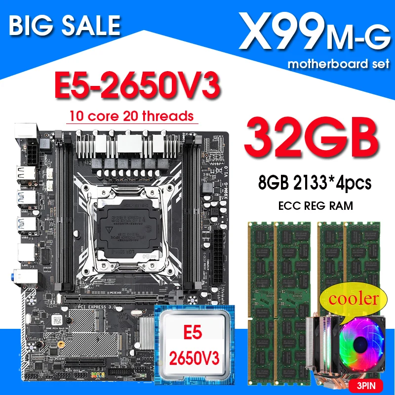 Verkaufen X99 Motherboard Mit XEON E5 2650 V3 4*8G DDR4 ECC REG Speicher Combo Kit Set NVME USB 3,0 SATA3 Kupfer Rohr Kühler