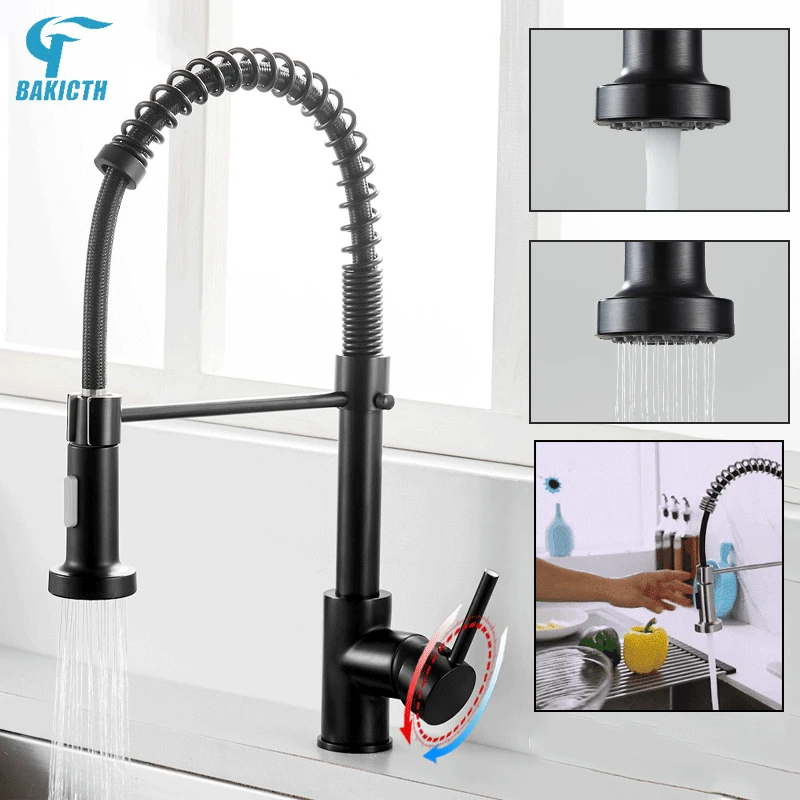 

Deck Mounted Flexible Kitchen Faucets Pull Out Mixer Tap Black Hot Cold Kitchen Faucet Spring Style with Spray Mixers Taps