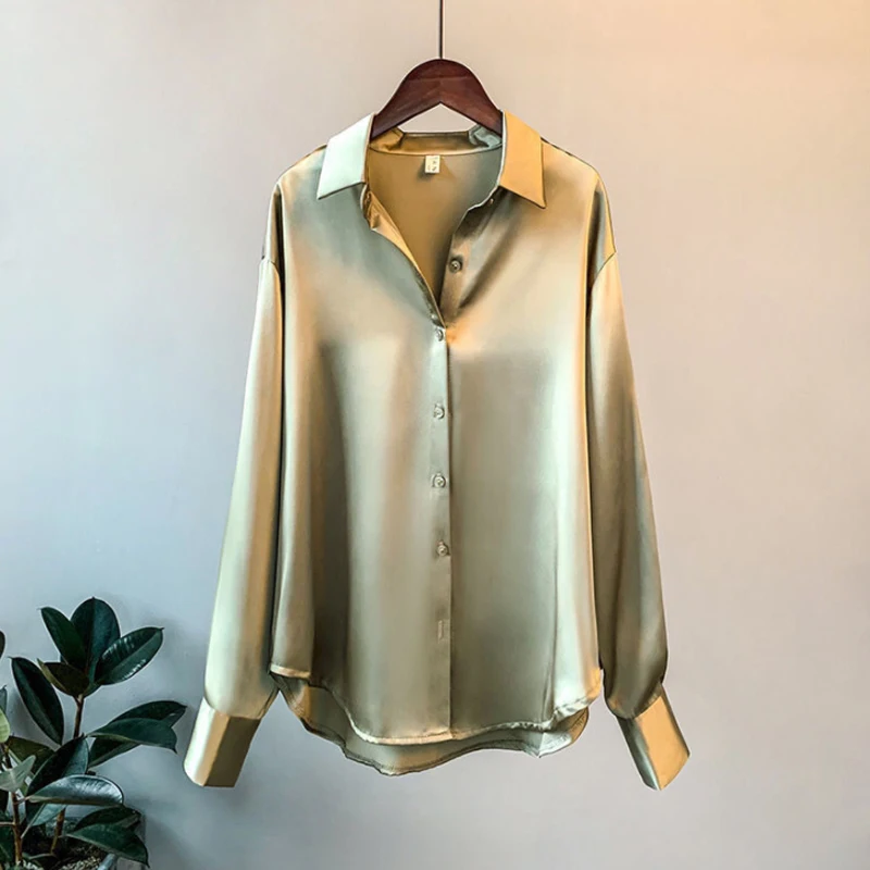 

Shirts Women Turn Down Collar Button Up Satin Silk Blouse Korean Elegant Shirt Office Ladies Long Sleeve Vintage Blouses Tops