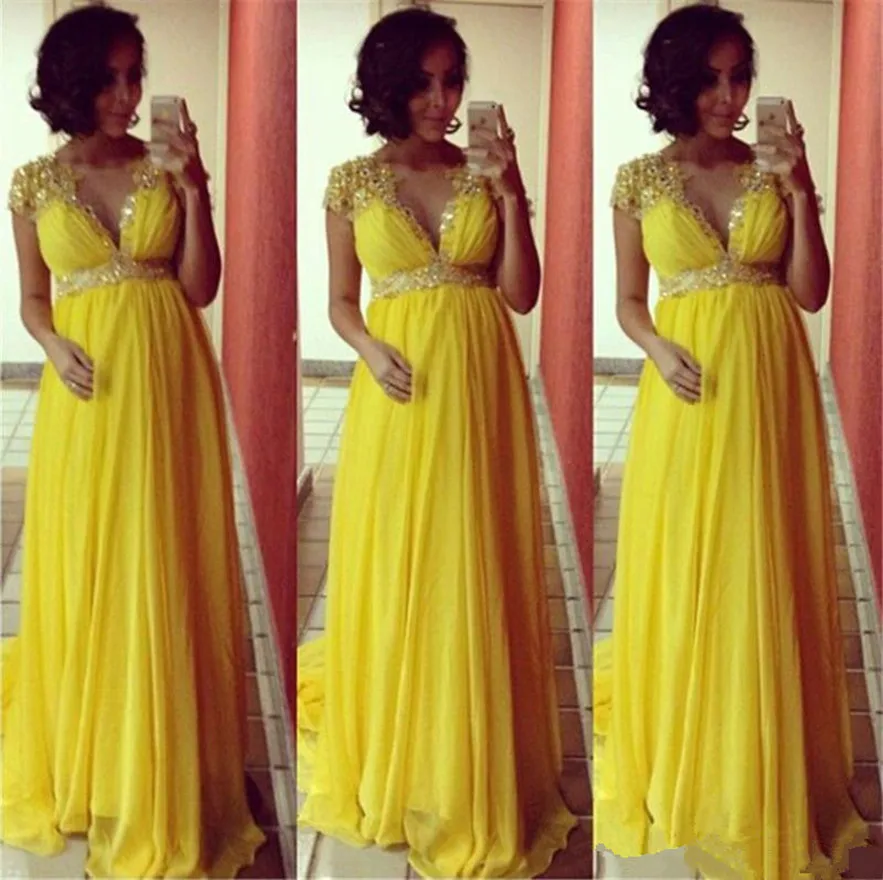

Maternity Evening Dresses V Neck Beaded Short Sleeves Robe De Soirée De Mariage Sweep Train Chiffon Vestidos De Noche