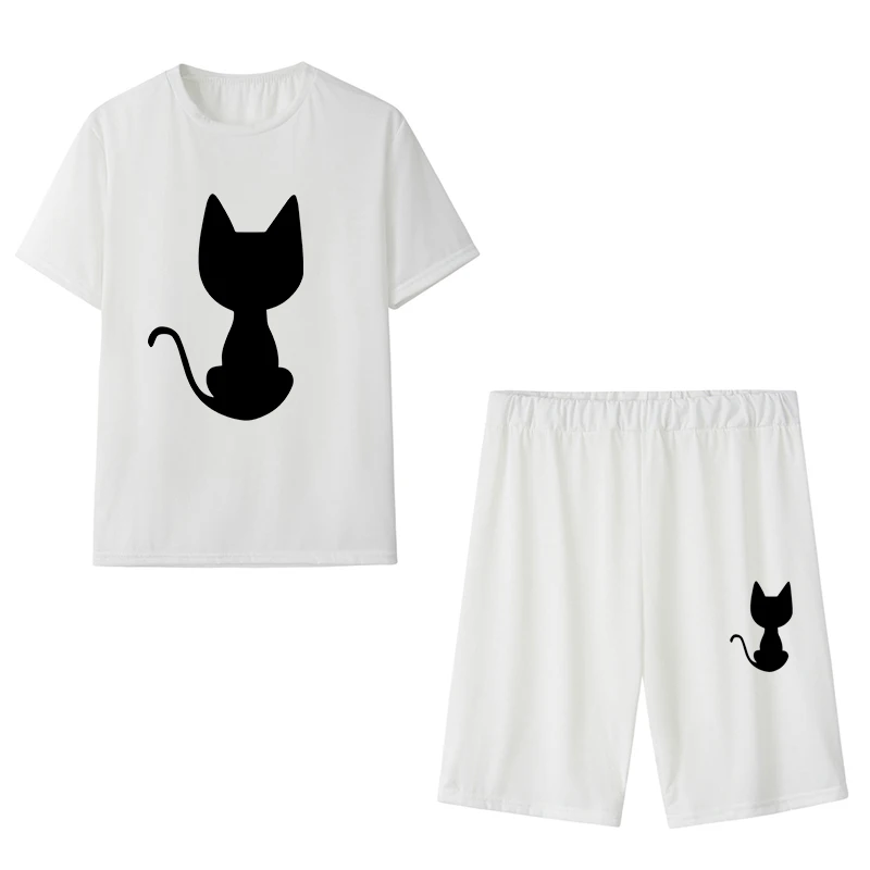 

New Two Piece Sets Top Shorts Skinny Fashion Elastic Waist Cute Cat Printing Casual Suits Clothes for Women Conjuntos De Mujer