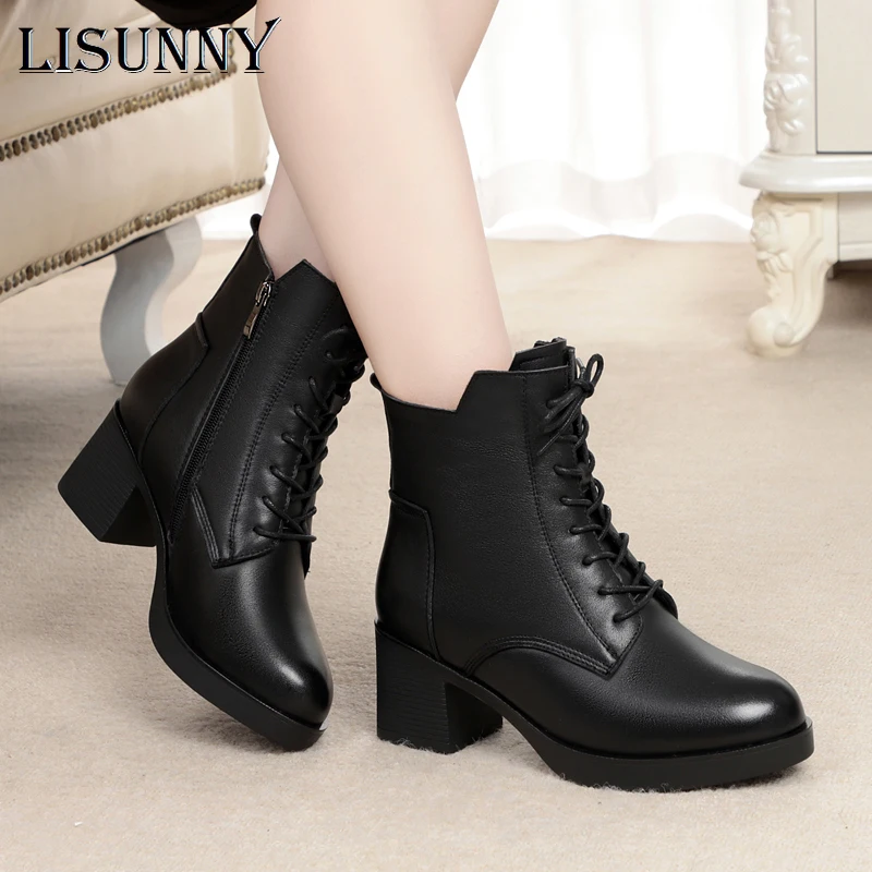 

LISUNNY Women Boots Winter 2021 New Ladies Ankle Boots Genuine Leather Shoes Large Size 35-43 Fashion Wool Short Boots Women