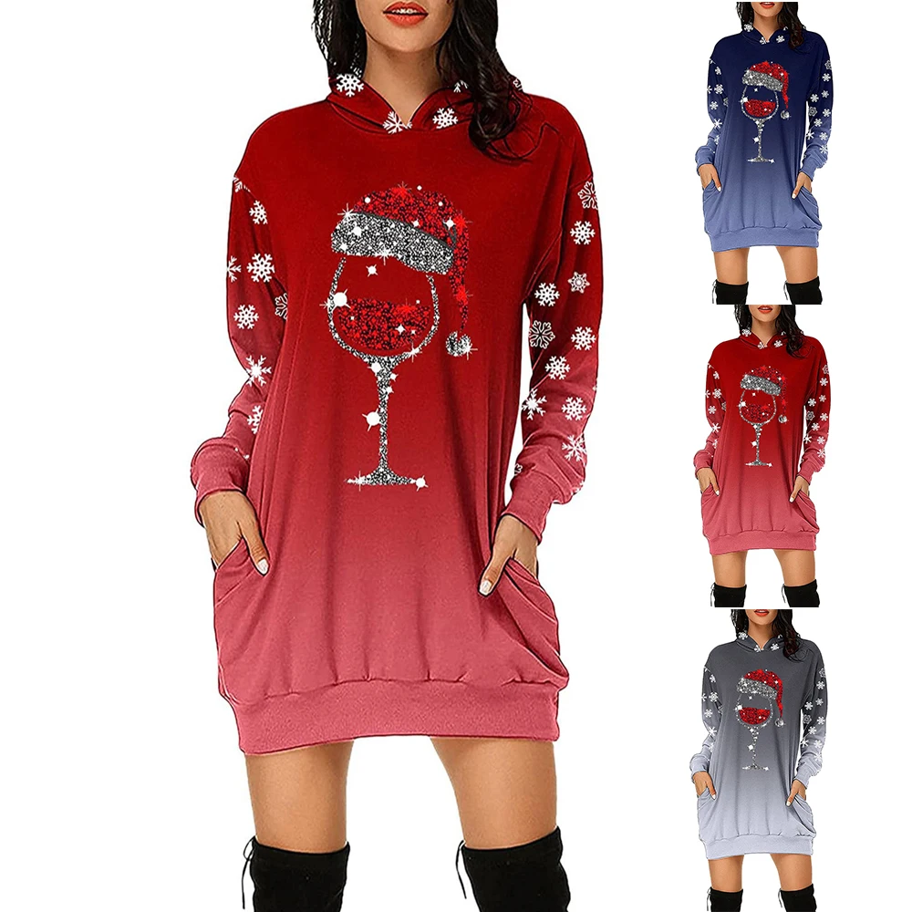 

Womens Hoodies Dress Long Sleeve Casual Christmas Glass Printed Hoodies Slim Festival Pullover Tops Long Tops Sweatshirt-dresses