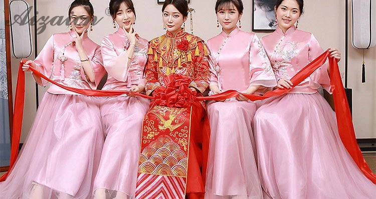 Модная розовая Пряжа юбка длинный Cheongsam Современная Подружка невесты винтажное платье Qi Pao женское традиционное китайское платье Qipao акция