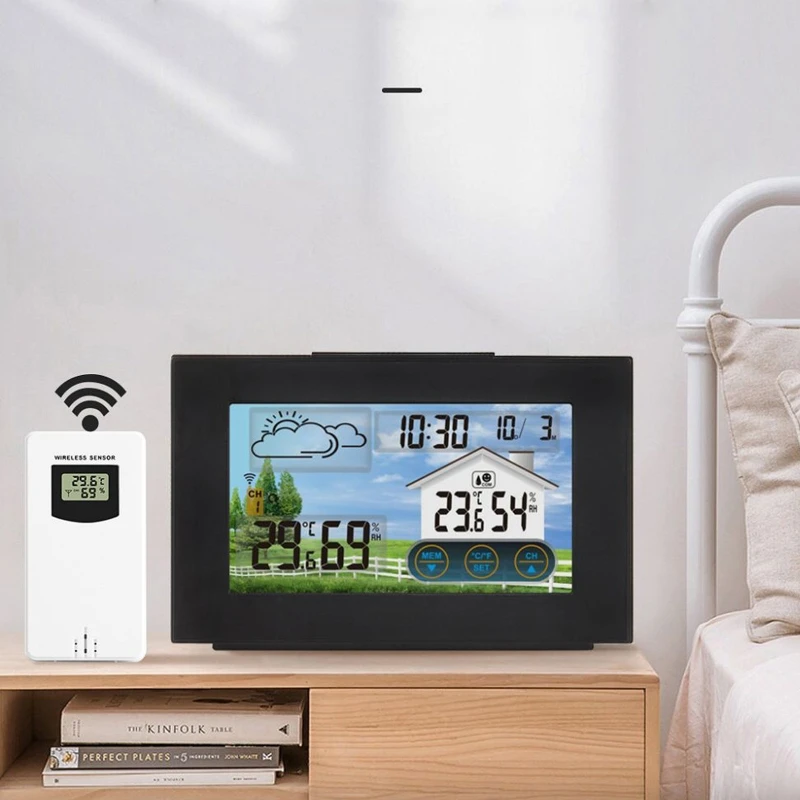 

Weather Station Touch Screen Wireless Indoor Outdoor Temperature Humidity Meter Digital Alarm Clock with 1 Sensor