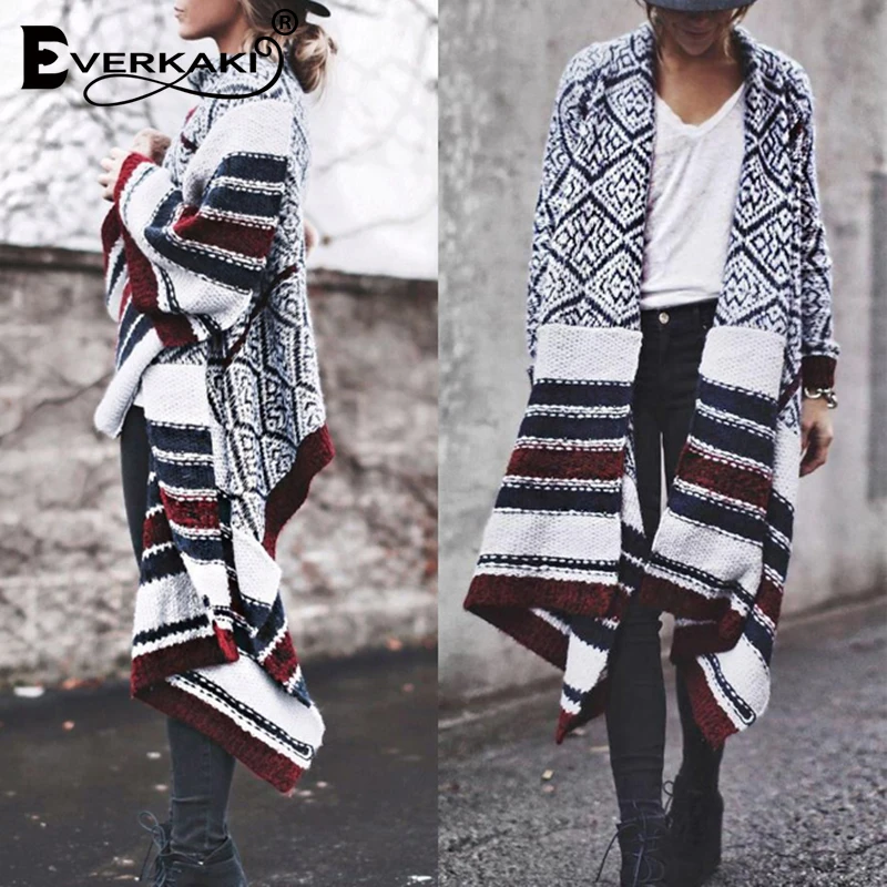 Everkaki Boho трикотажные кардиганы свитер Женское пальто зимние свободные толстые