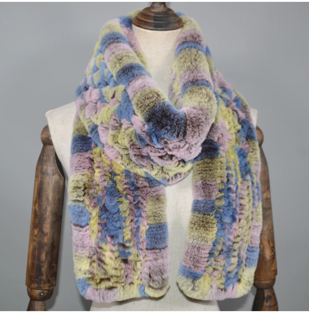 Winter Long Style Women Real Rex Rabbit Fur Scarf Rex Rabbit Fur Warm Soft Ring Scarfs High Quality Knit Rabbit Fur Scarves