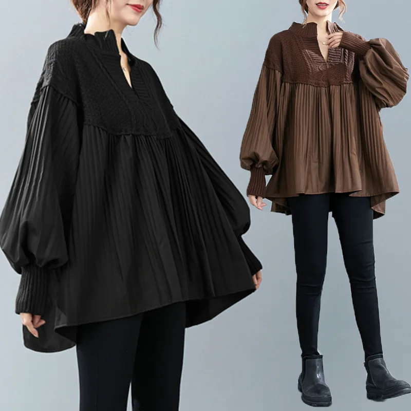 

New Autumn Korean Version Loose Large Size Stand-up Collar Lantern Long-sleeved Solid Color Knitted Stitching Shirt