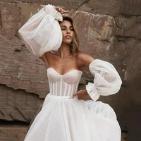 2021 pointed tail beach wedding dresses boho removable puff sleeves bridal gown corsets back princess plus size